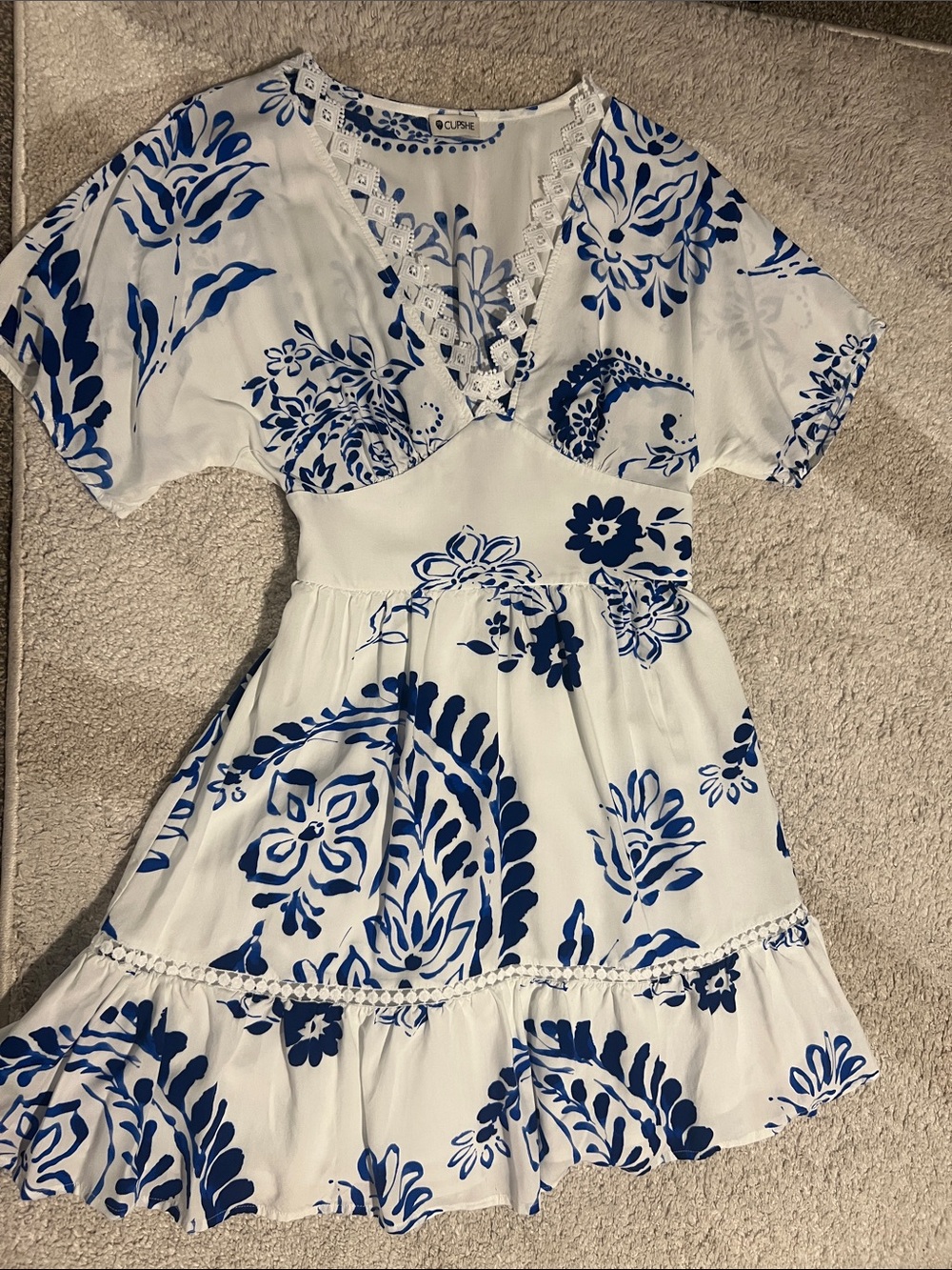 Cupshe White Dress with Blue Floral Pattern